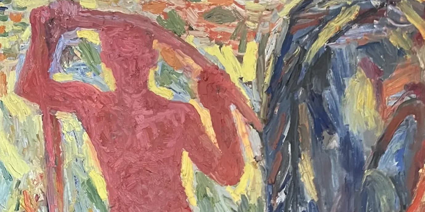 Detaliu de pictură în ulei: o siluetă roșie de cosaș cu coasa pe umăr, într-un lan galben-verde, și o siluetă albastră lângă ea, cu tușe groase