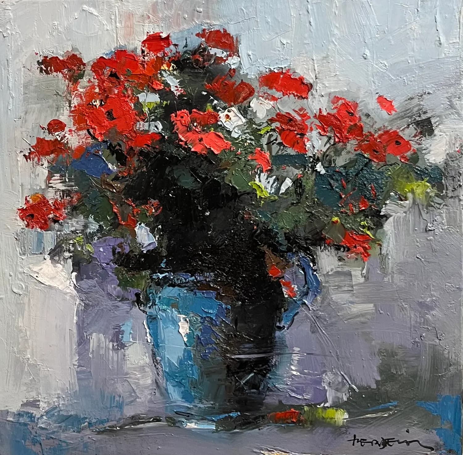 Flori rosii — Ioan Herdelau, ulei pe panza