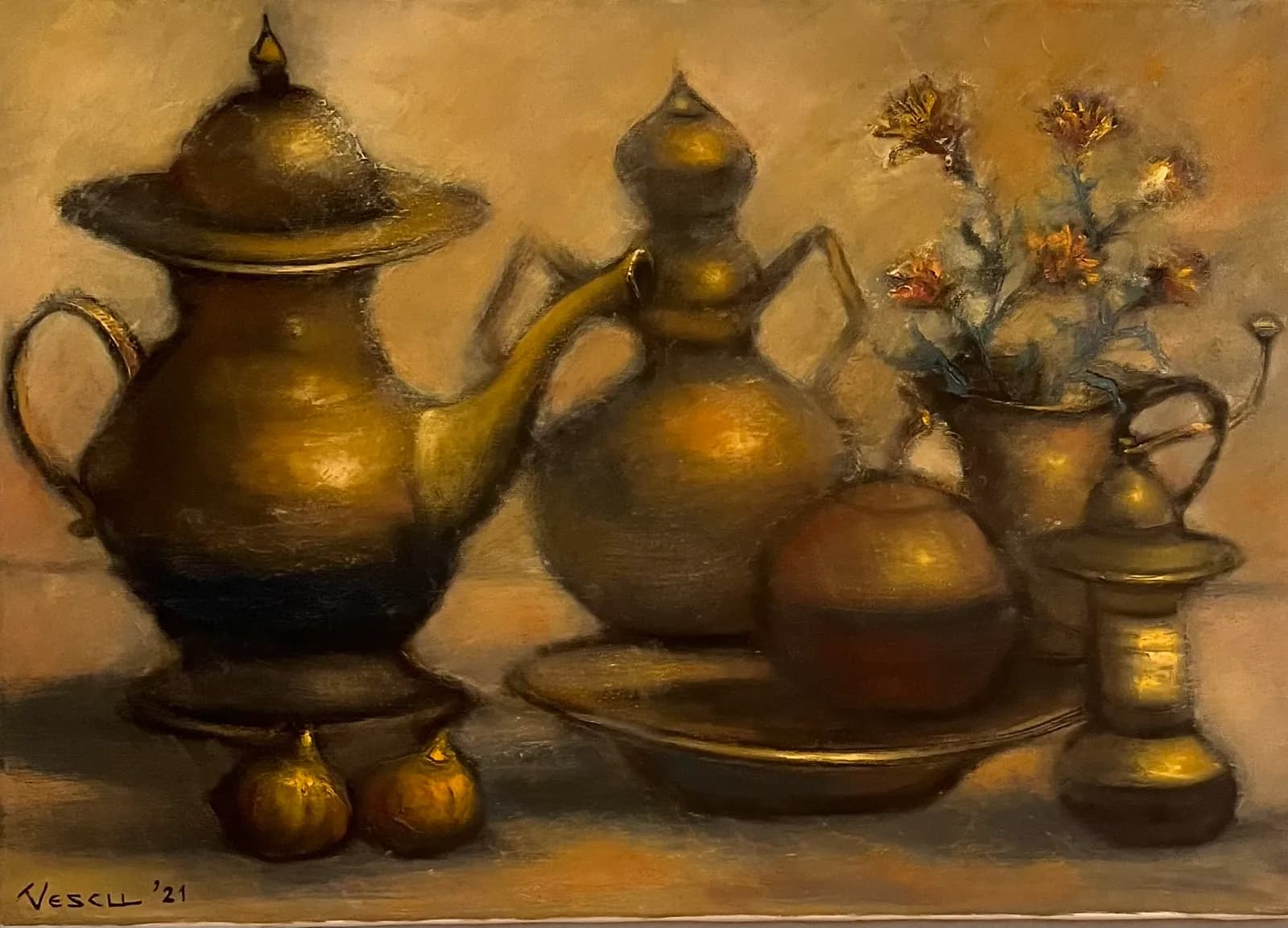 Natură moartă cu bronz — Teodor Vescu, ulei pe pânză
