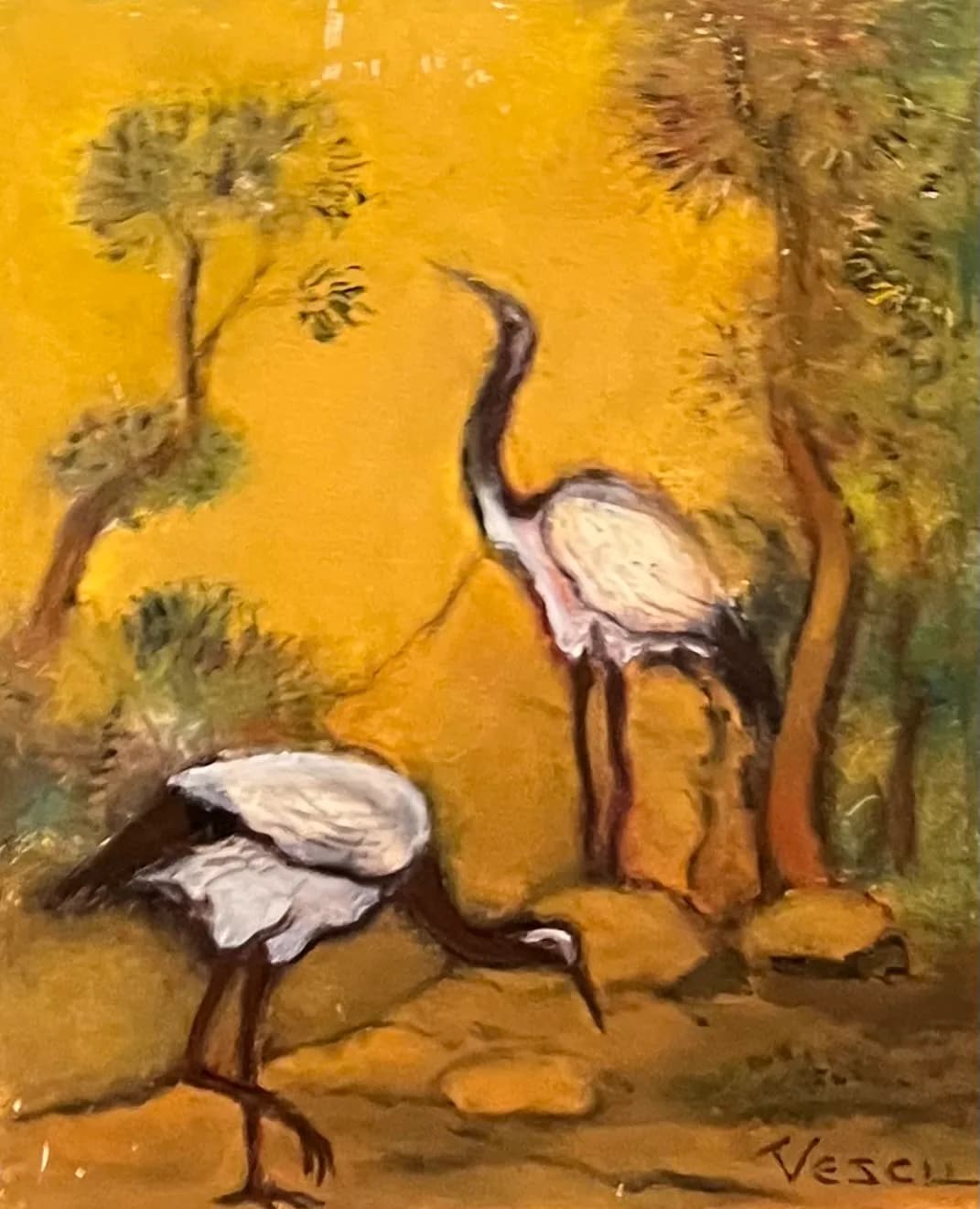 Păsări și natura — Teodor Vescu, ulei pe carton