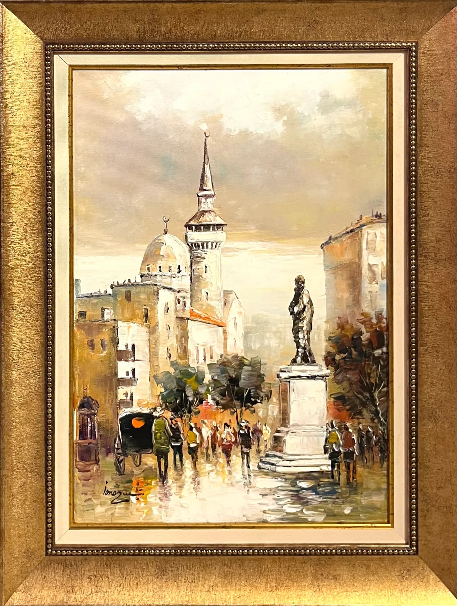 Prin oraș la statuie — Ilie Ionascu, ulei pe pânză