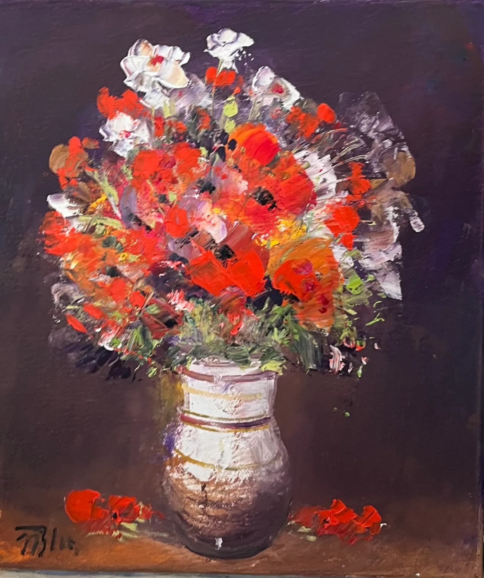 Floricele colorate în vază alba — Nicolae Blei, ulei pe pânză