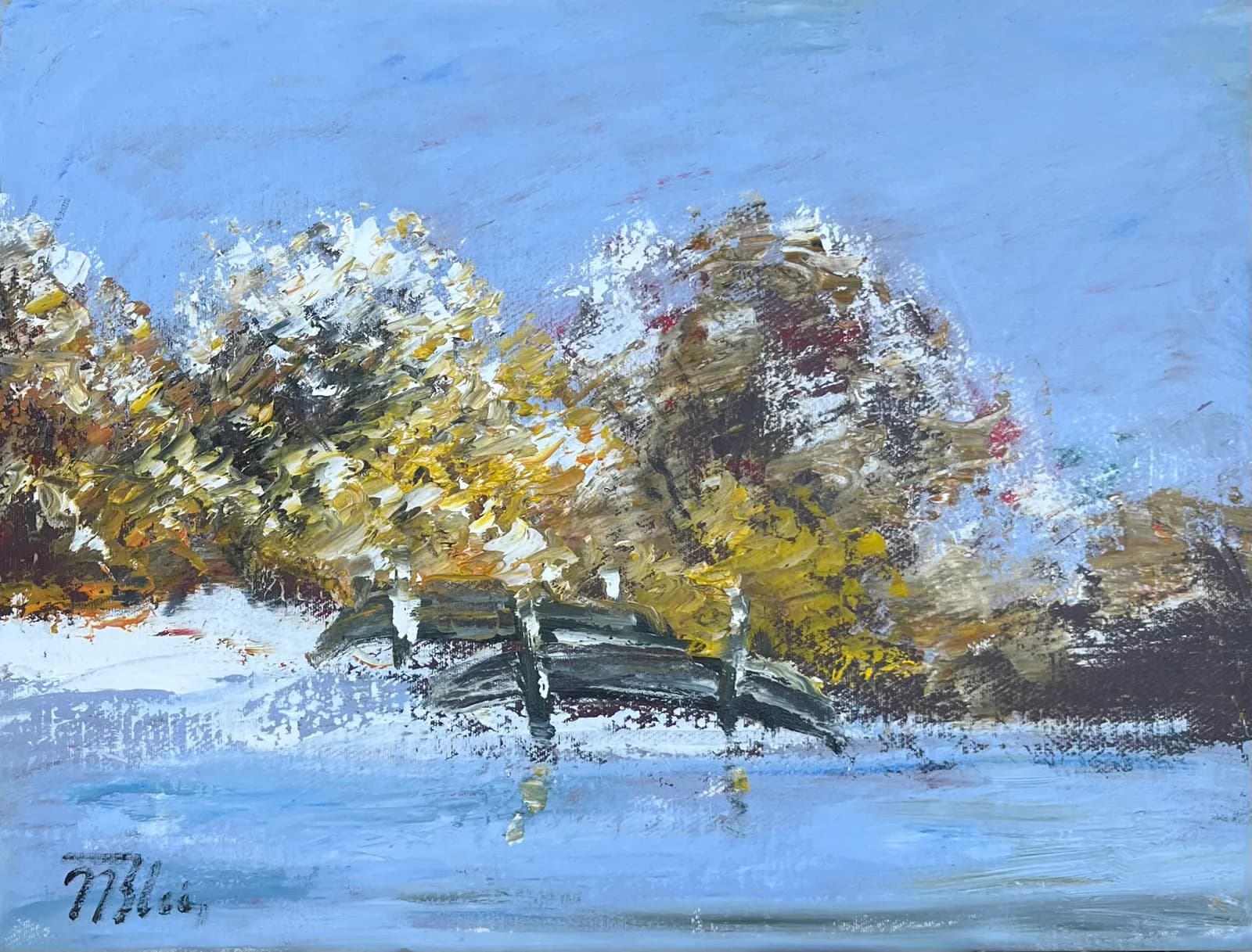Iarna pe lac cu barci — Nicolae Blei, ulei pe pânză