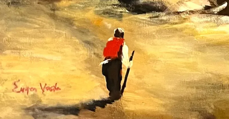 Colțul de jos al unei picturi în ulei: un drum ocru, o siluetă mică cu o boccea roșie și semnătura pictorului scrisă cu roșu în stânga